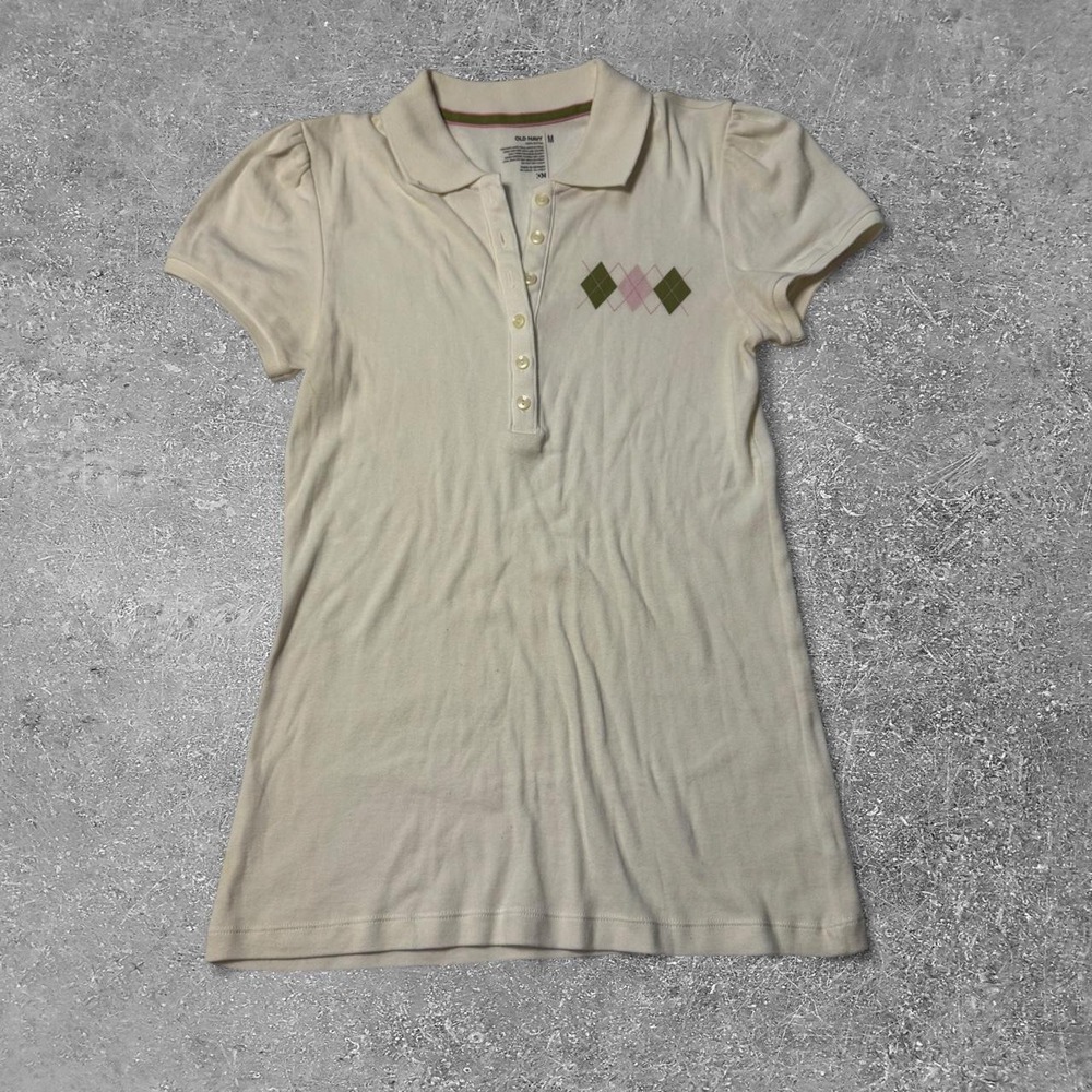 Old Navy Womens Y2K Cream Cotton Polo Shirt Argyle Logo Preppy Size M